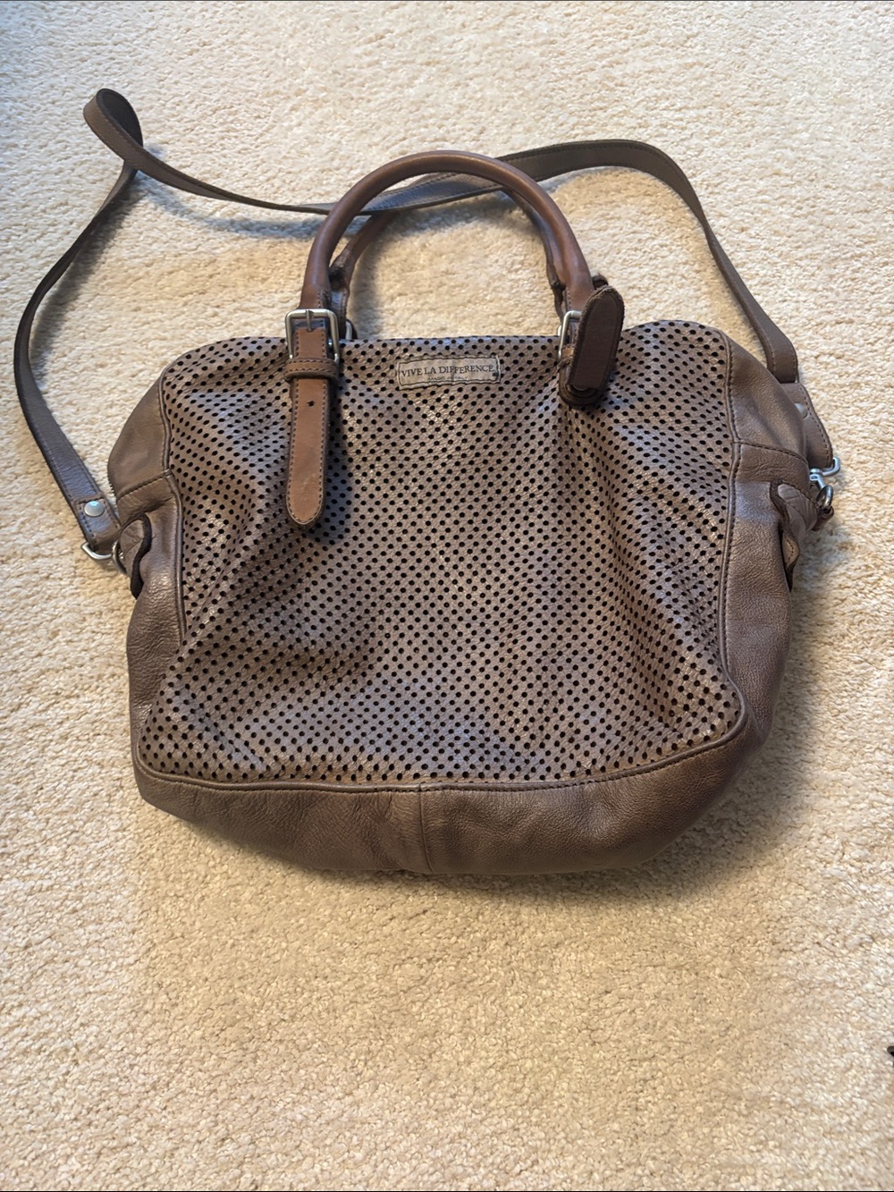 Vince Camuto Perforated Leather Shoulder Bag in Taupe